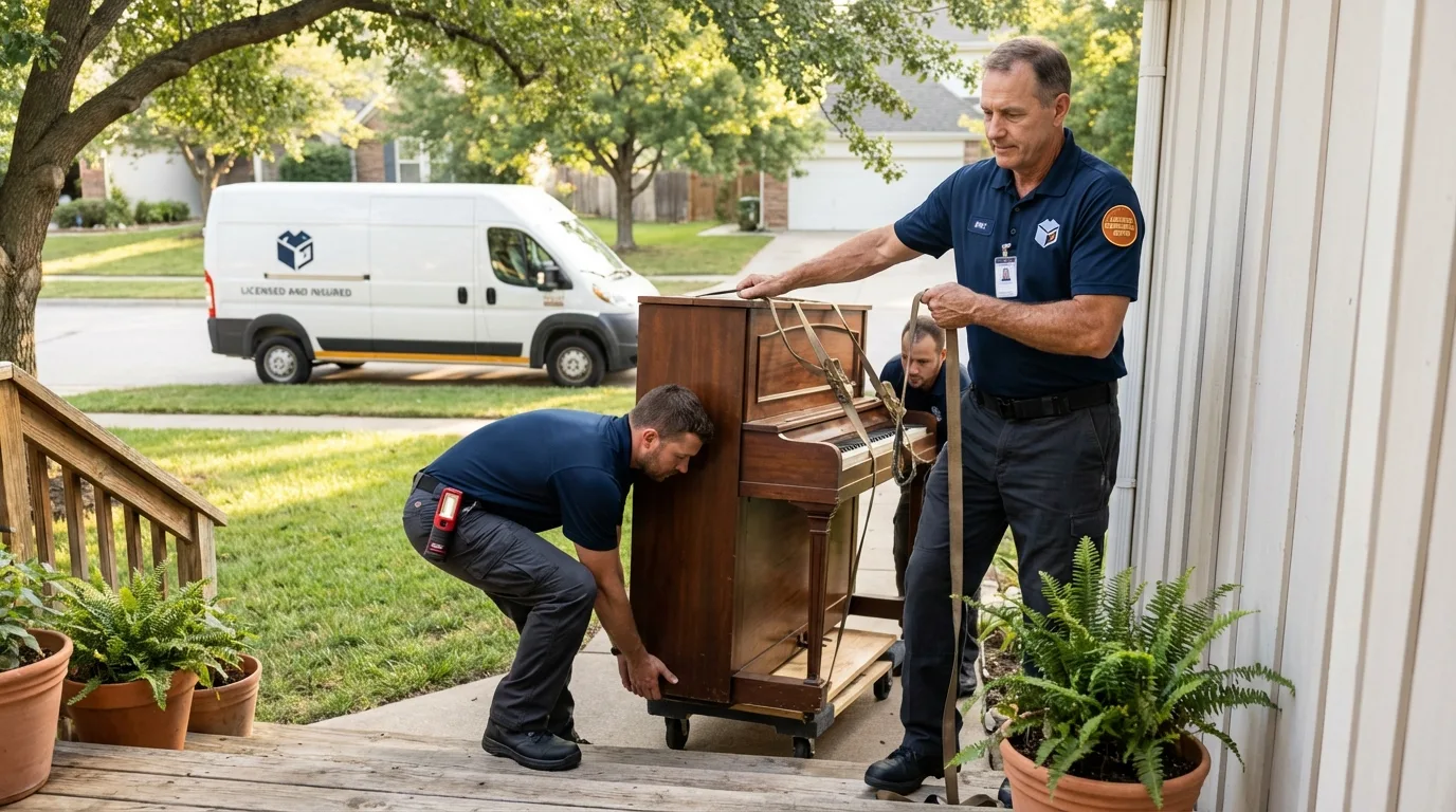 Licensed piano movers securing grand piano in Leachville, AR