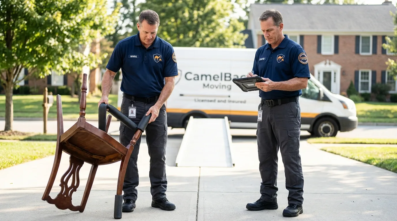 Movers inspecting furniture for damage prevention before loading in Leachville, AR