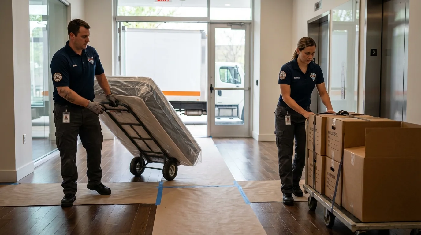 Professional apartment movers loading elevator in Leachville, AR
